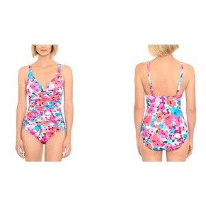 Swim Solutions Twist Front Tummy Control Pink One Piece Swimsuit Size 8 1047H3